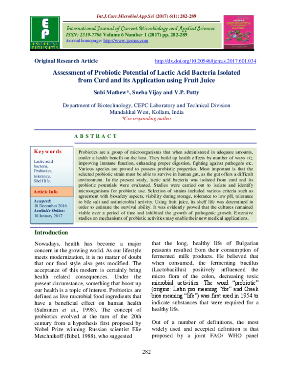 (PDF) Assessment of Probiotic Potential of Lactic Acid Bacteria ...