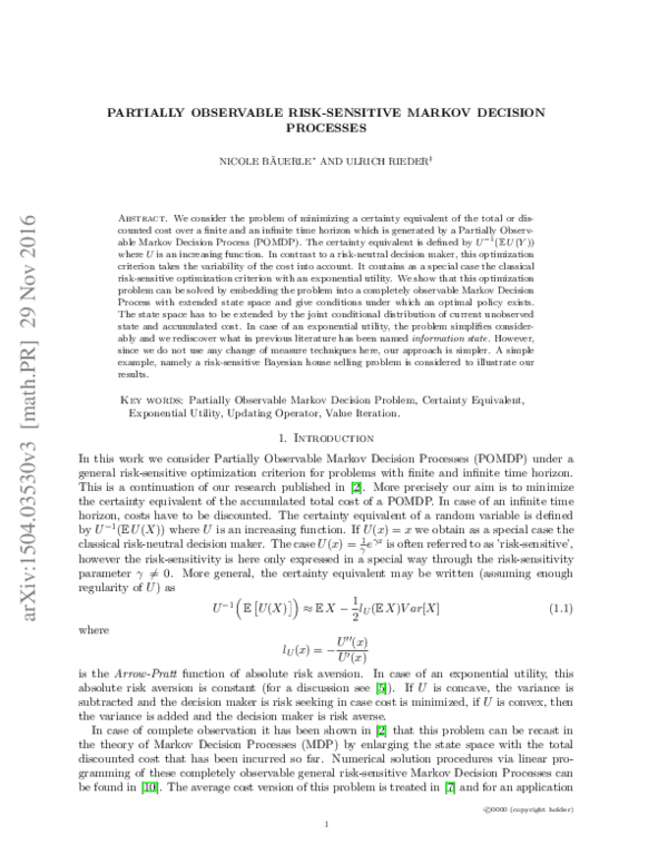 (PDF) Partially Observable Risk-Sensitive Markov Decision Processes