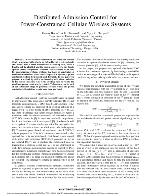 (PDF) Distributed Admission Control for Power-Constrained Cellular ...