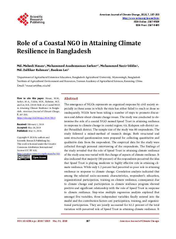 (PDF) Role of a Coastal NGO in Attaining Climate Resilience in Bangladesh