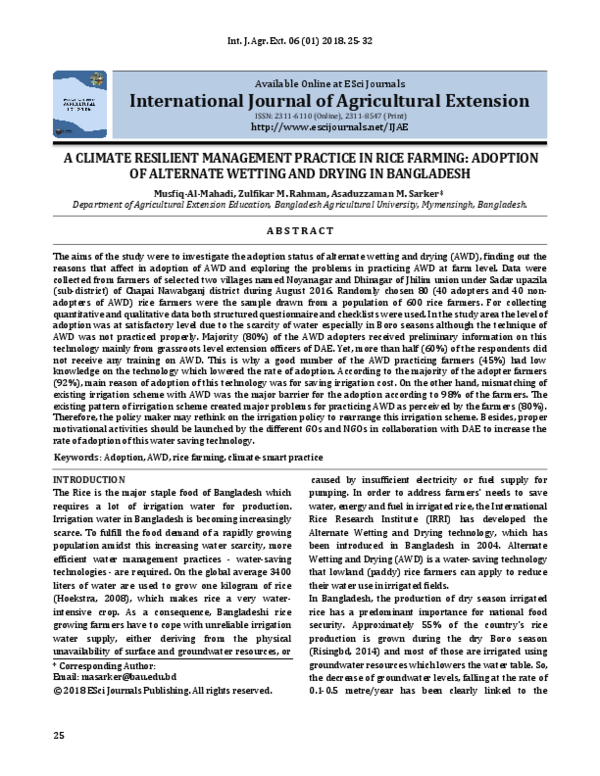 (PDF) A Climate Resilient Management Practice in Rice Farming: Adoption ...