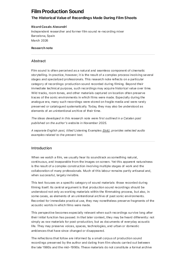 (PDF) Film Production Sound. The Historical Value of Recordings Made ...