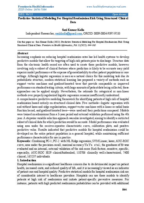 (PDF) Predictive Statistical Modeling For Hospital Readmission Risk ...