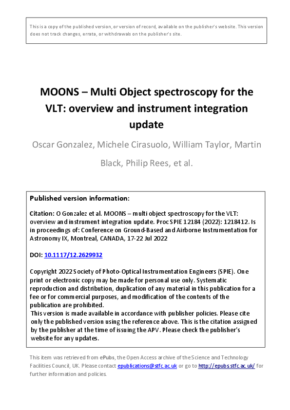 (PDF) MOONS – multi object spectroscopy for the VLT: overview and ...