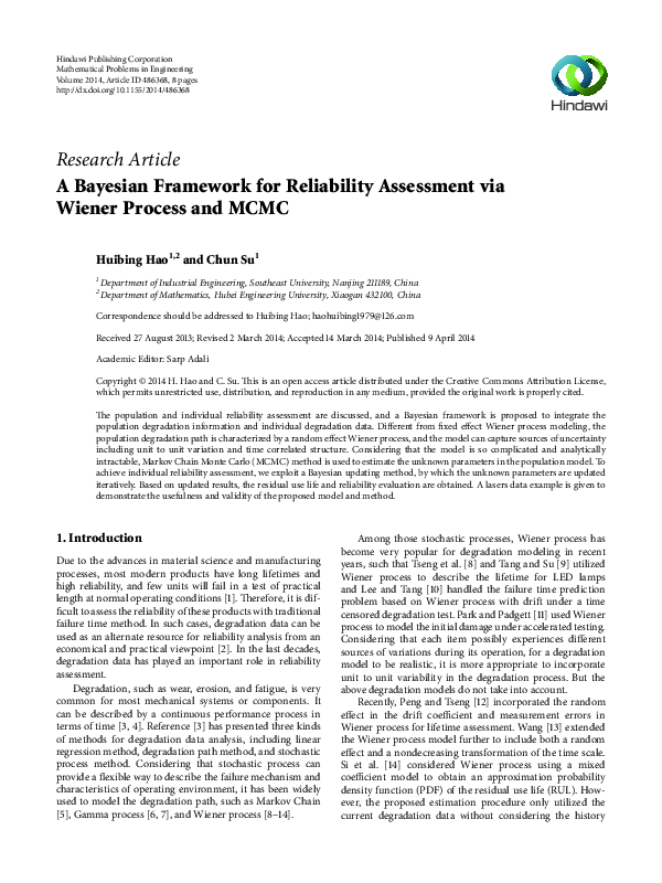 (PDF) A Bayesian Framework for Reliability Assessment via Wiener ...
