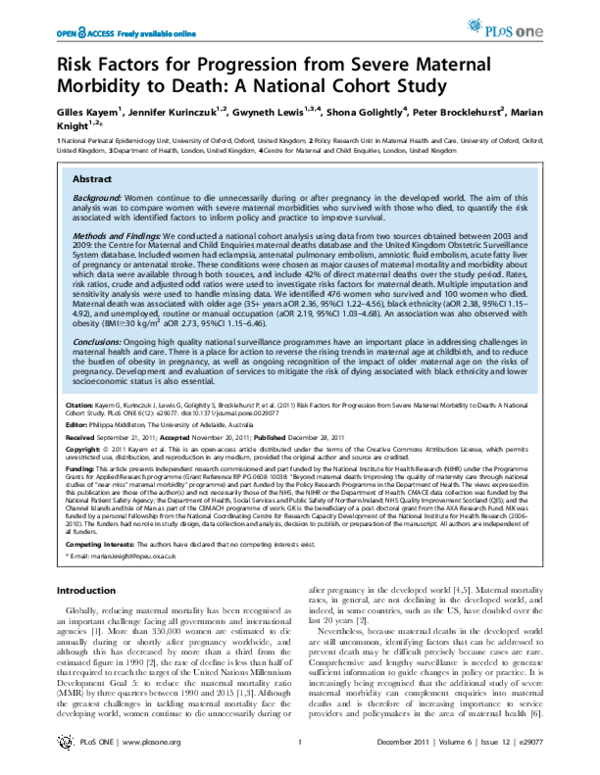 (PDF) Risk Factors for Progression from Severe Maternal Morbidity to ...