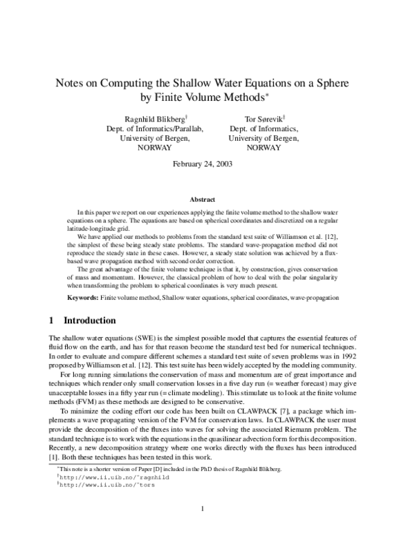 (PDF) Notes on Computing the Shallow Water Equations on a Sphere by ...
