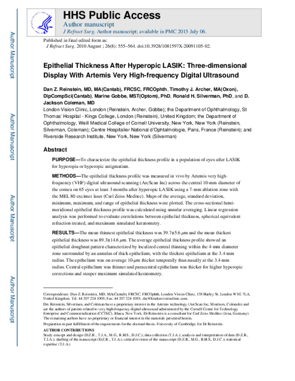 (PDF) Epithelial Thickness After Hyperopic LASIK: Three-Dimensional ...