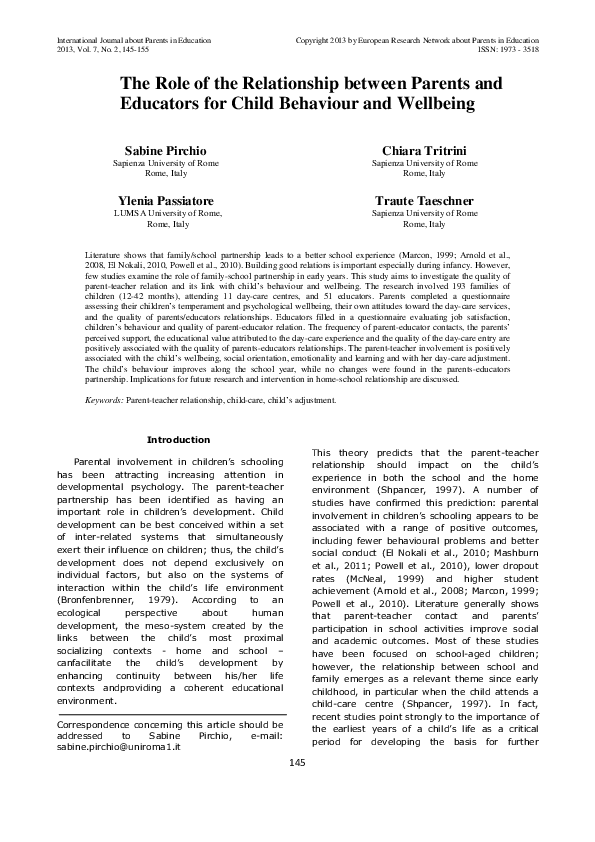 (PDF) The Role of the Relationship between Parents and Educators for ...