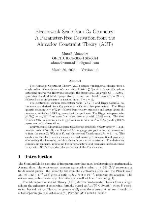 (PDF) Electroweak Scale from G 2 Geometry: A Parameter-Free Derivation ...