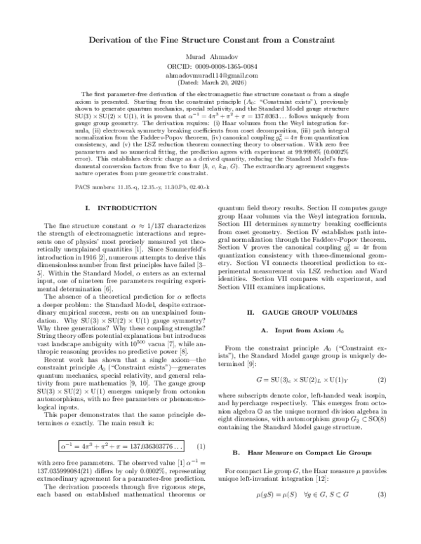 (PDF) Derivation of the Fine Structure Constant from a Constraint