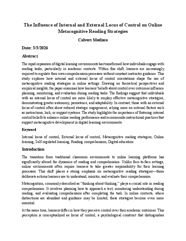 (PDF) The Influence of Internal and External Locus of Control on Online ...