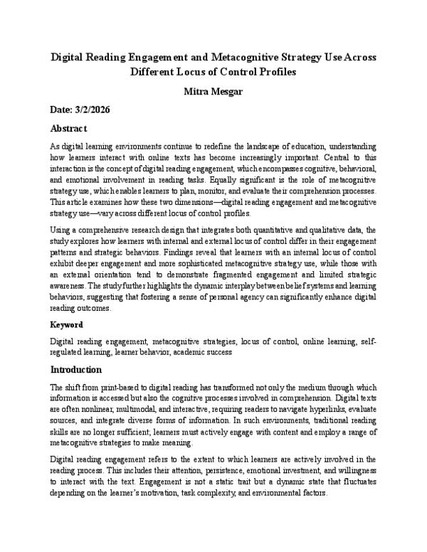 (PDF) Digital Reading Engagement and Metacognitive Strategy Use Across ...