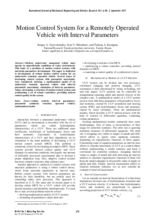 (PDF) Motion Control System for a Remotely Operated Vehicle with ...