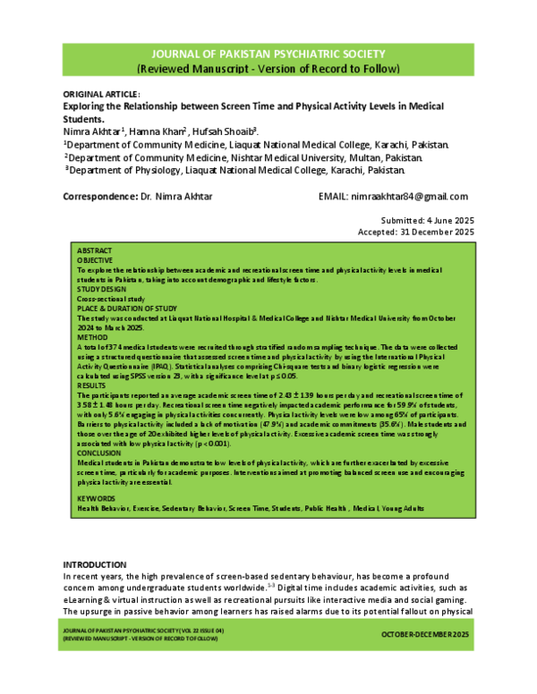 (PDF) Exploring the Relationship between Screen Time (Academic and ...