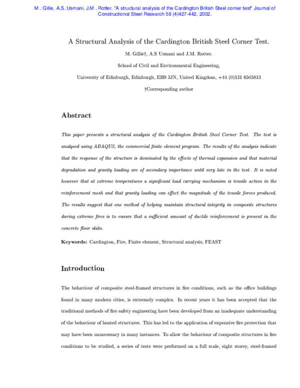 (PDF) A structural analysis of the Cardington British Steel Corner Test