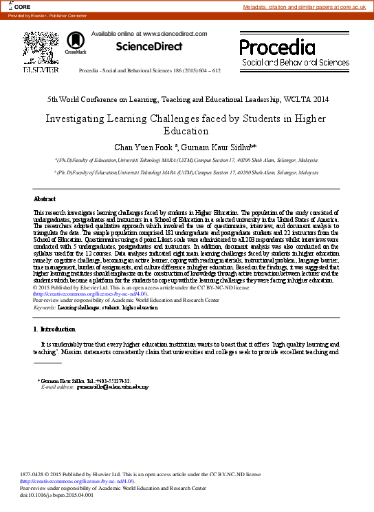 (PDF) Investigating Learning Challenges Faced by Students in Higher ...