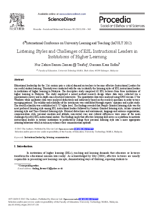 (PDF) Listening Styles and Challenges of ESL Instructional Leaders in ...