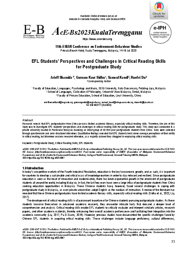 (PDF) EFL Students’ Perspectives and Challenges in Critical Reading ...