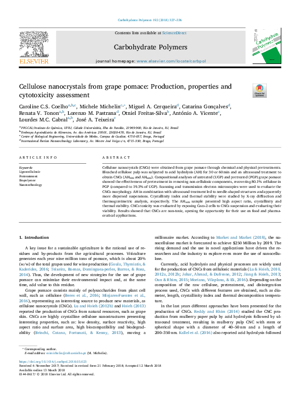 (PDF) Cellulose nanocrystals from grape pomace: Production, properties ...