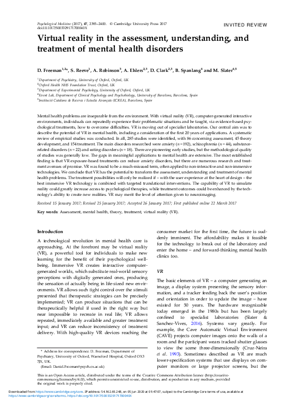(PDF) Virtual reality in the assessment, understanding, and treatment ...