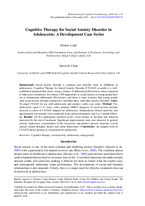 (PDF) Cognitive Therapy for Social Anxiety Disorder in Adolescents: A ...