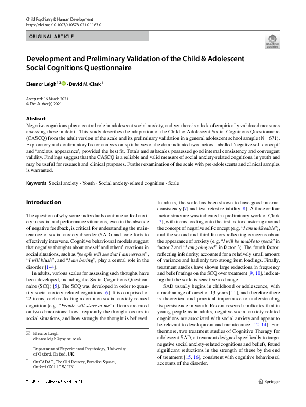 (PDF) Development and Preliminary Validation of the Child & Adolescent ...