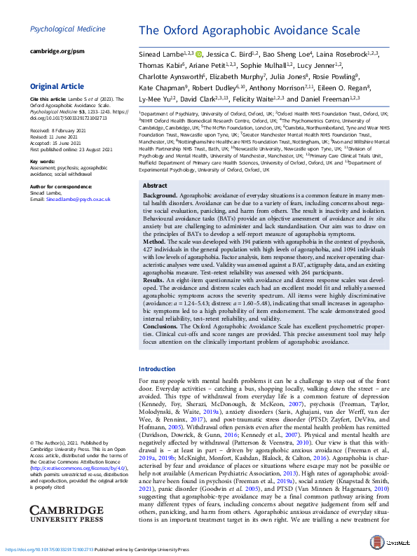 (PDF) The Oxford Agoraphobic Avoidance Scale