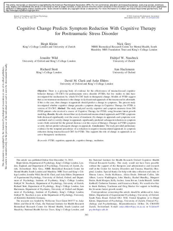 (PDF) Cognitive change predicts symptom reduction with cognitive ...