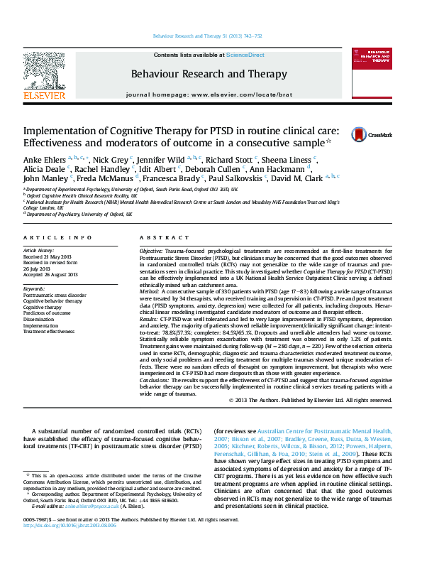 (PDF) Implementation of cognitive therapy for PTSD in routine clinical ...