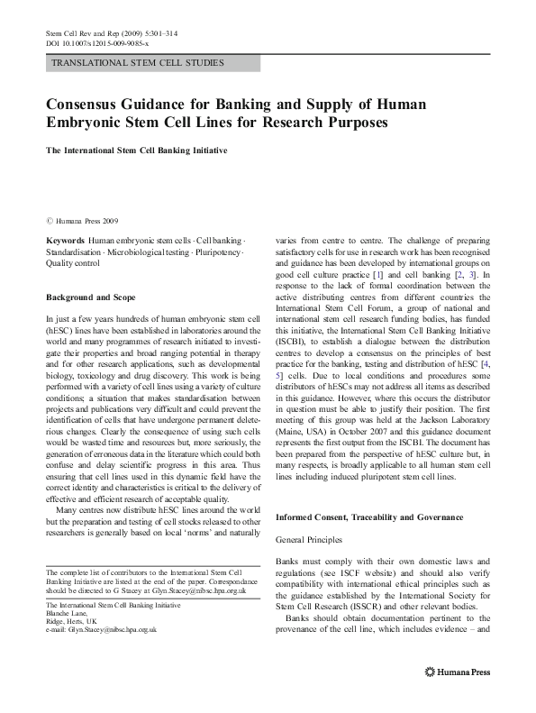 (PDF) Consensus Guidance for Banking and Supply of Human Embryonic Stem ...