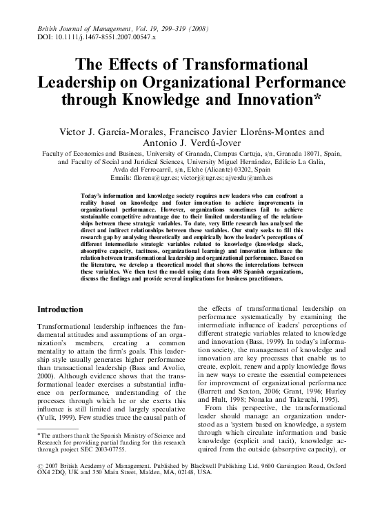 (PDF) The Effects of Transformational Leadership on Organizational ...
