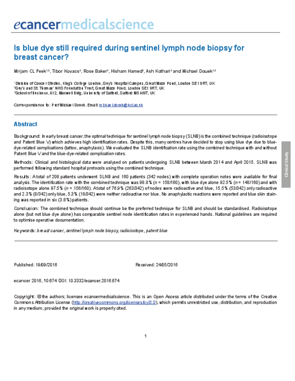 (PDF) Is blue dye still required during sentinel lymph node biopsy for ...