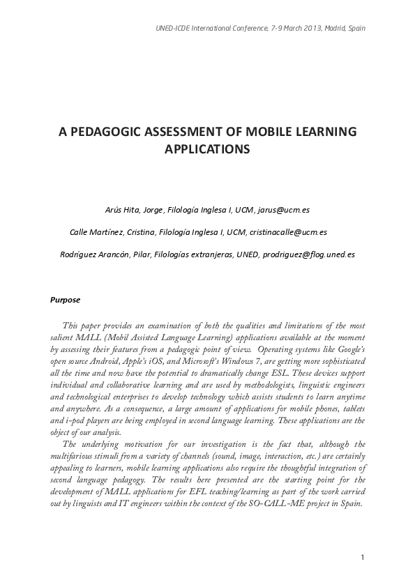 (PDF) A pedagogic assessment of mobile learning applications