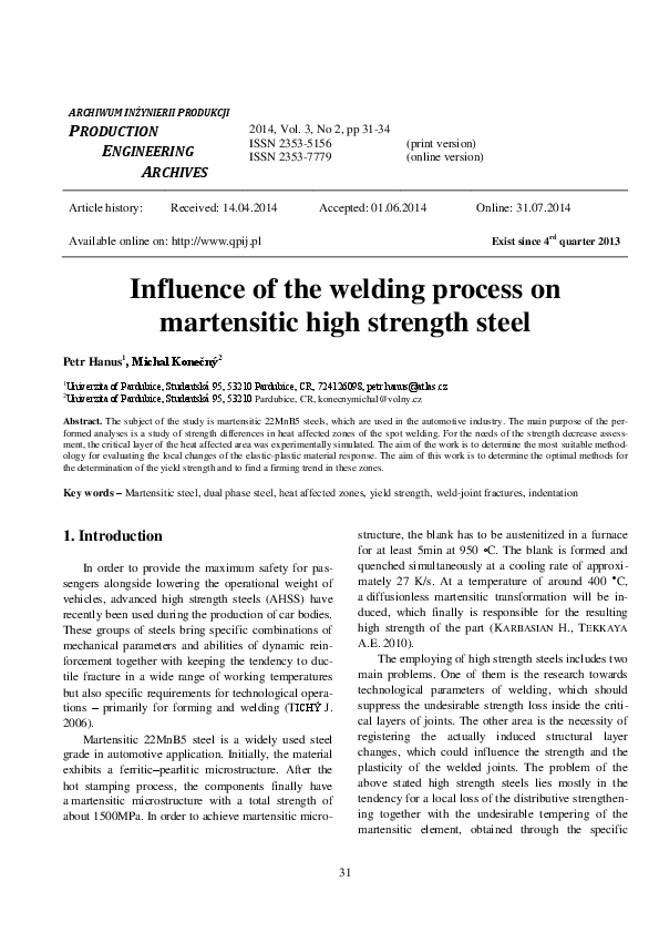 (PDF) Influence of the Welding Process on Martensitic High Strength Steel