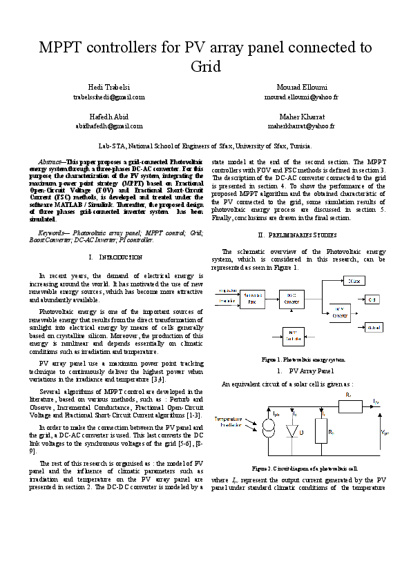 (PDF) MPPT controllers for PV array panel connected to Grid