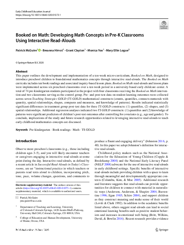 (PDF) Booked on Math: Developing Math Concepts in Pre-K Classrooms ...