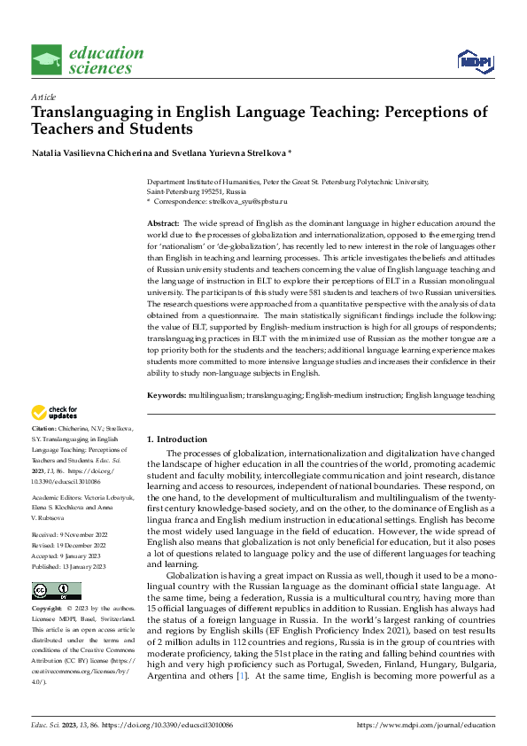 (PDF) Translanguaging in English Language Teaching: Perceptions of ...