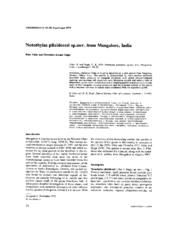 (PDF) Notothylas dissecta, a Hornwort New to India