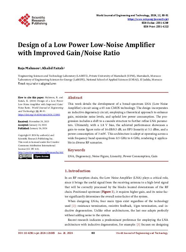 (PDF) Design of a Low Power Low-Noise Amplifier with Improved Gain ...