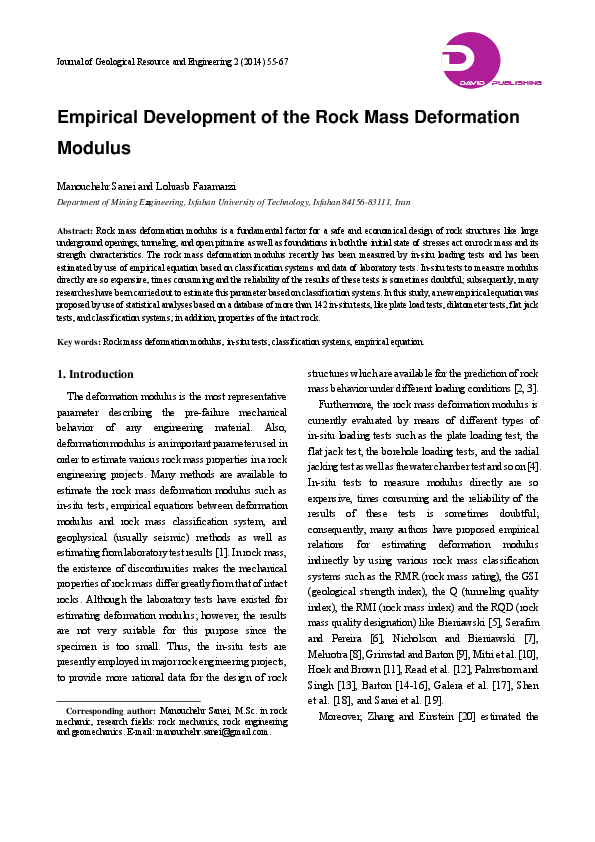 (PDF) Empirical Development of the Rock Mass Deformation Modulus