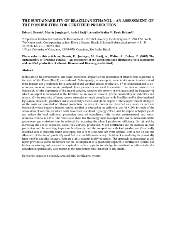 (PDF) The sustainability of Brazilian ethanol - An assessment of the ...