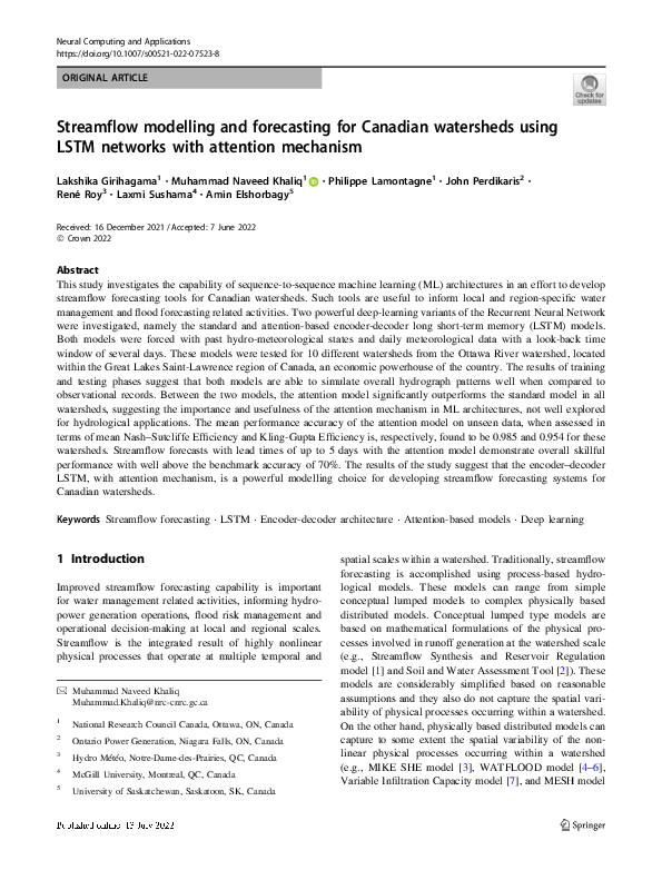 (PDF) Streamflow modelling and forecasting for Canadian watersheds ...