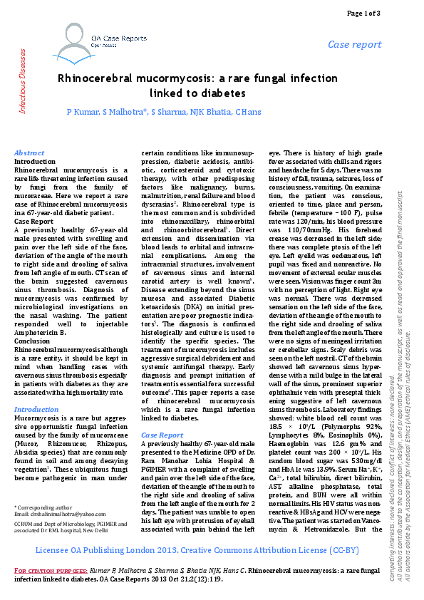 (PDF) Rhinocerebral mucormycosis: a rare fungal infection linked to ...
