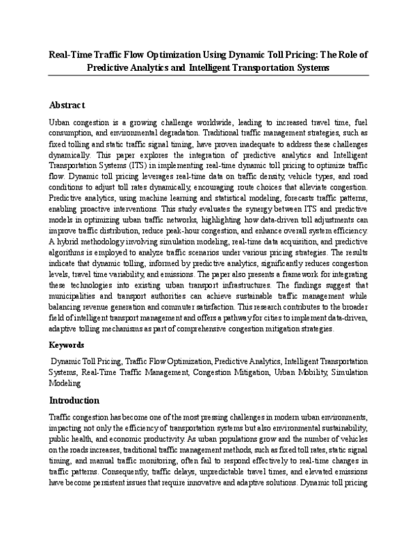 (PDF) Real-Time Traffic Flow Optimization Using Dynamic Toll Pricing ...