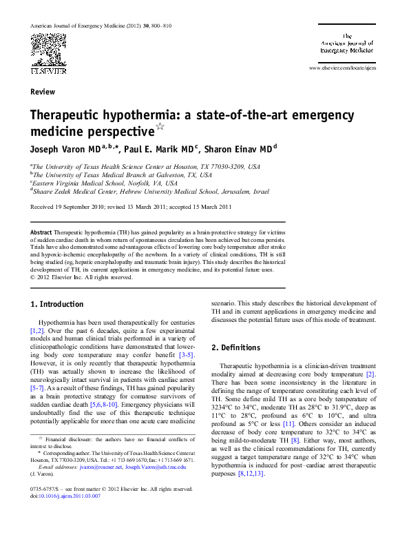 (PDF) Therapeutic hypothermia: a state-of-the-art emergency medicine ...