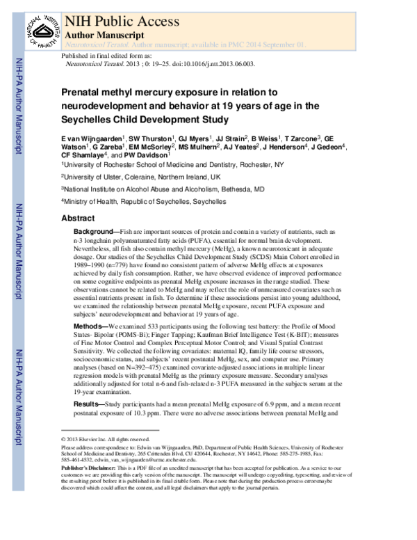 (PDF) Prenatal methyl mercury exposure in relation to neurodevelopment ...