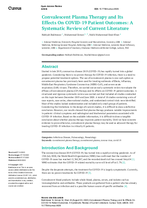 (PDF) Convalescent Plasma Therapy and Its Effects On COVID-19 Patient ...