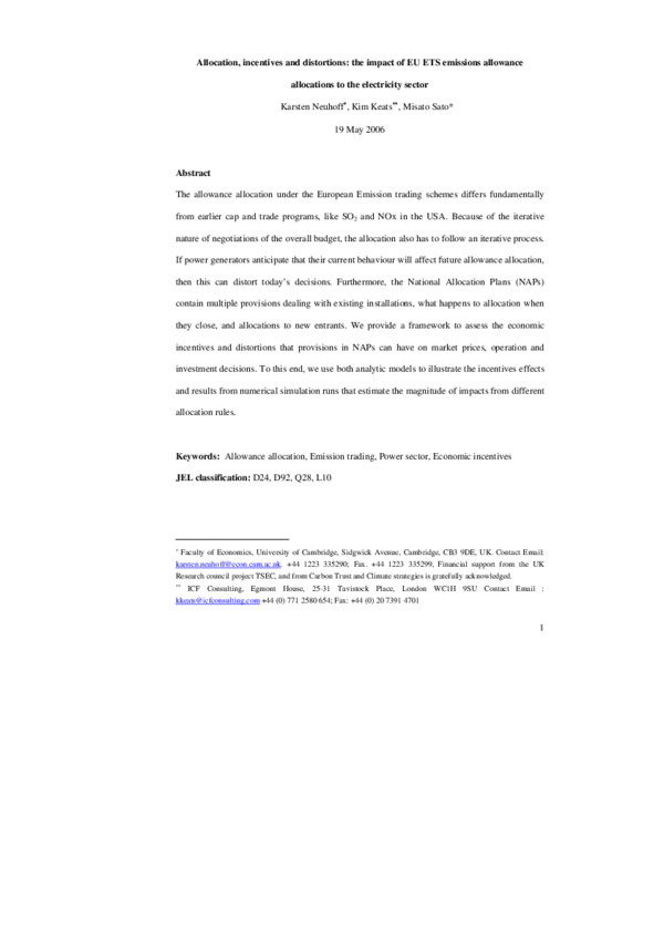 (PDF) Allocation, incentives and distortions: the impact of EU ETS ...