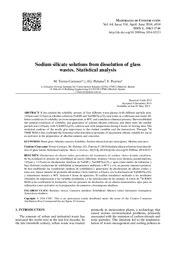 (PDF) Sodium silicate solutions from dissolution of glasswastes ...